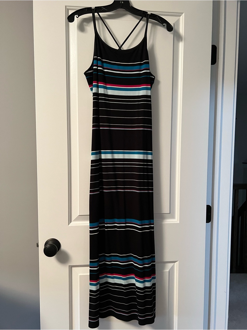 White House Black Market Black Maxi Dress with Blue, Teal & Pink Stripes